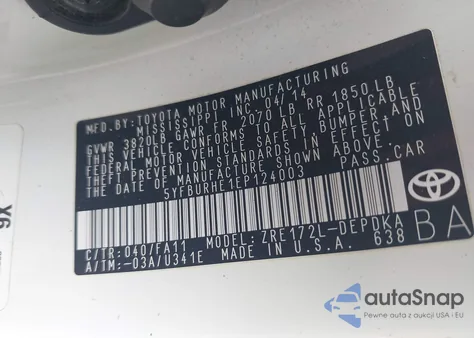 2014 Toyota Corolla L z USA, uszkodzony, nr VIN 5YFBURHE1EP124003